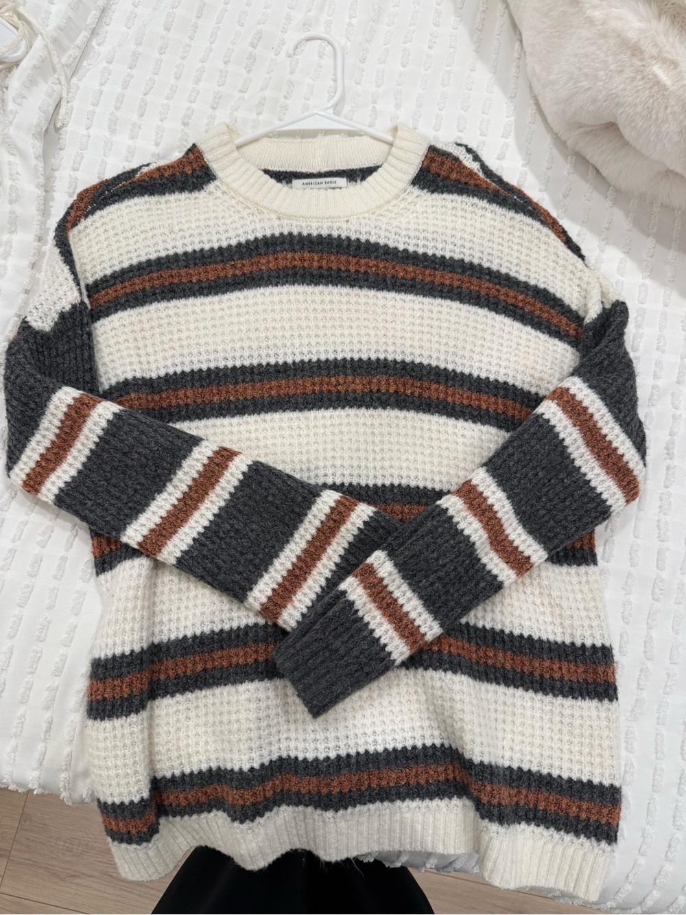 American Eagle Outfitters Striped Crewneck Sweater - Cream, Charcoal & Brown